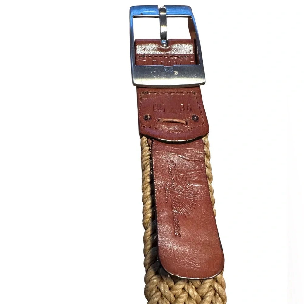 Tommy Bahama Woven Belt Tan Rope Braided Leather Trim Size 36 Made Spain 1.4”